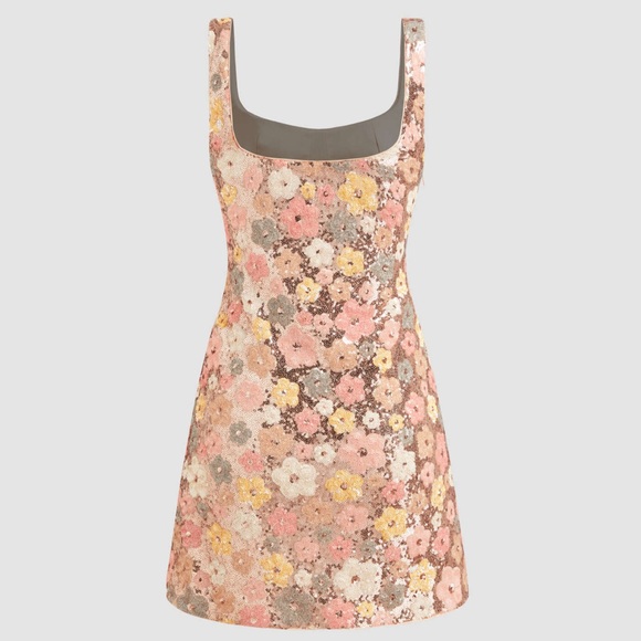 NWOT FLORAL SEQUIN SCOOP NECKLINE SPLIT MINI DRESS - Picture 11 of 12